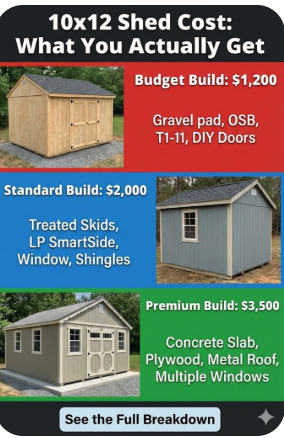 Infographic titled "10x12 Shed Cost: What You Actually Get," displaying three tiers of shed builds with associated costs and features. The top red section is "Budget Build: $1,200," showing a basic wood shed and listing "Gravel pad, OSB, T1-11, DIY Doors." The middle blue section is "Standard Build: $2,000," showing a painted shed with a window and listing "Treated Skids, LP SmartSide, Window, Shingles." The bottom green section is "Premium Build: $3,500," showing an upgraded shed with multiple windows and a metal roof, listing "Concrete Slab, Plywood, Metal Roof, Multiple Windows." A button at the bottom reads "See the Full Breakdown.