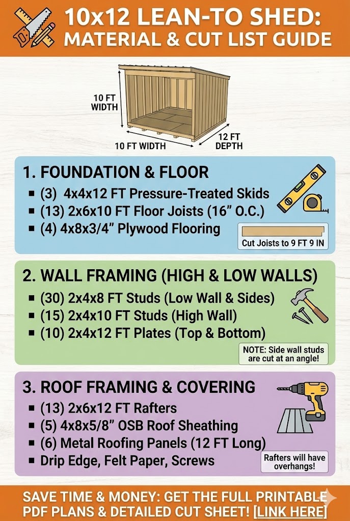 Vertical infographic titled "10x12 Lean-To Shed Plans: The Ultimate Build Guide." It visualizes the benefits of a single-slope roof, lists key dimensions (9ft high wall, 7ft low wall, 2:12 pitch), provides a cost estimate of $1,200–$1,800, and includes a quick material checklist with 2x6 rafters and 4x4 skids.