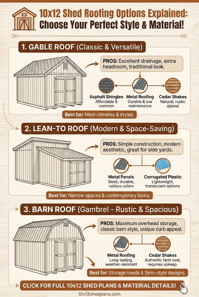 Infographic titled "10x12 Shed Roofing Options Explained: Choose Your Perfect Style & Material!". It presents three roofing styles with illustrations, pros, material choices, and "Best for" recommendations. The first section shows a Gable Roof with asphalt shingles, metal roofing, and cedar shakes, noting it's best for most climates and styles. The second section features a Lean-To Roof with metal panels and corrugated plastic, best for narrow spaces and modern looks. The third section displays a Barn Roof (Gambrel) with metal roofing and cedar shakes, best for storage needs and farm-style designs. Each section includes arrows, icons, and a clear layout. At the bottom, a button reads "CLICK FOR FULL 10x12 SHED PLANS & MATERIAL DETAILS!".