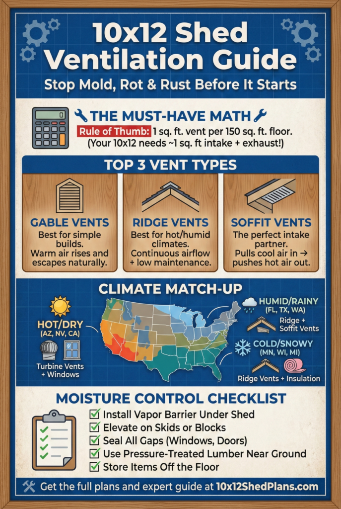 Infographic titled 10x12 Shed Ventilation Guide displaying the 1 sq. ft. ventilation rule, illustrations of gable and ridge vents, a climate-specific setup map, and a moisture control checklist for DIY sheds.