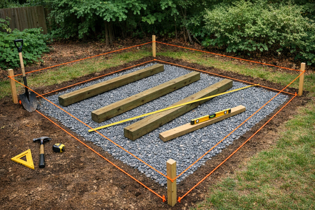 Level gravel base with pressure-treated 4x4 skids placed inside a marked 10x12 shed foundation layout using stakes and string lines.