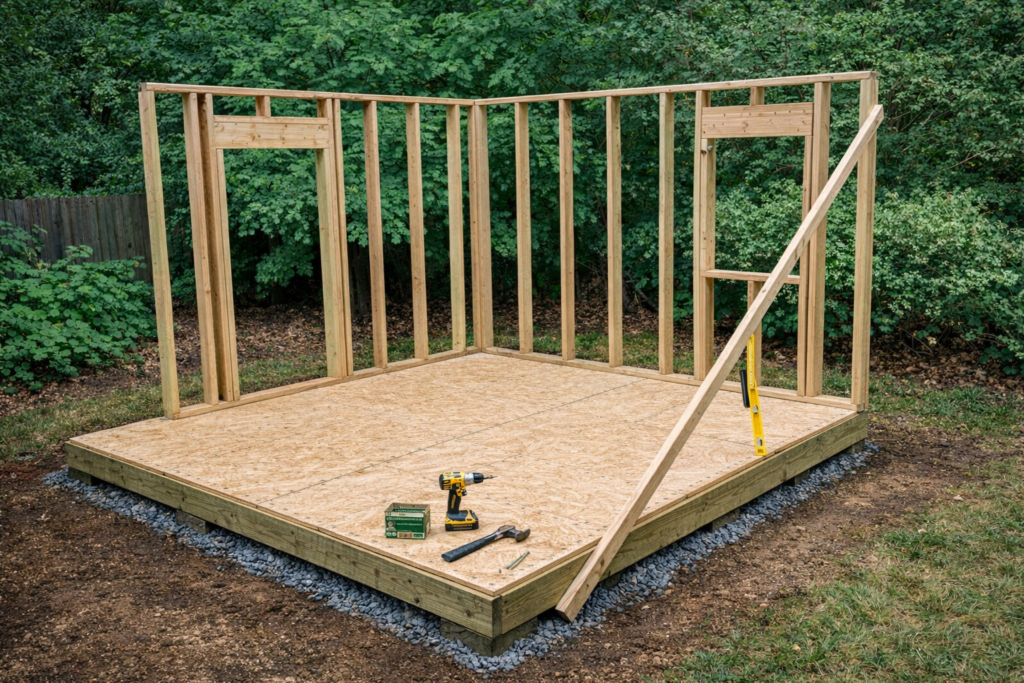 Raised 10x12 shed wall frame with door header, vertical studs, double top plate, and temporary diagonal brace installed on plywood floor platform.