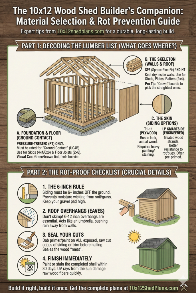 Vertical infographic illustrating the construction benefits of 10x12 wood sheds. Graphic highlights the "Lumber Math" of using 12ft boards and 4ft siding sheets for zero waste. Detailed section on "Preventing the Rot Clock" features illustrations of roof eaves for water runoff and the 6-inch rule for siding protection. Comparative icons show the long-term value and repairability of wood versus disposable metal sheds. Source: 10x12shedplans.com.