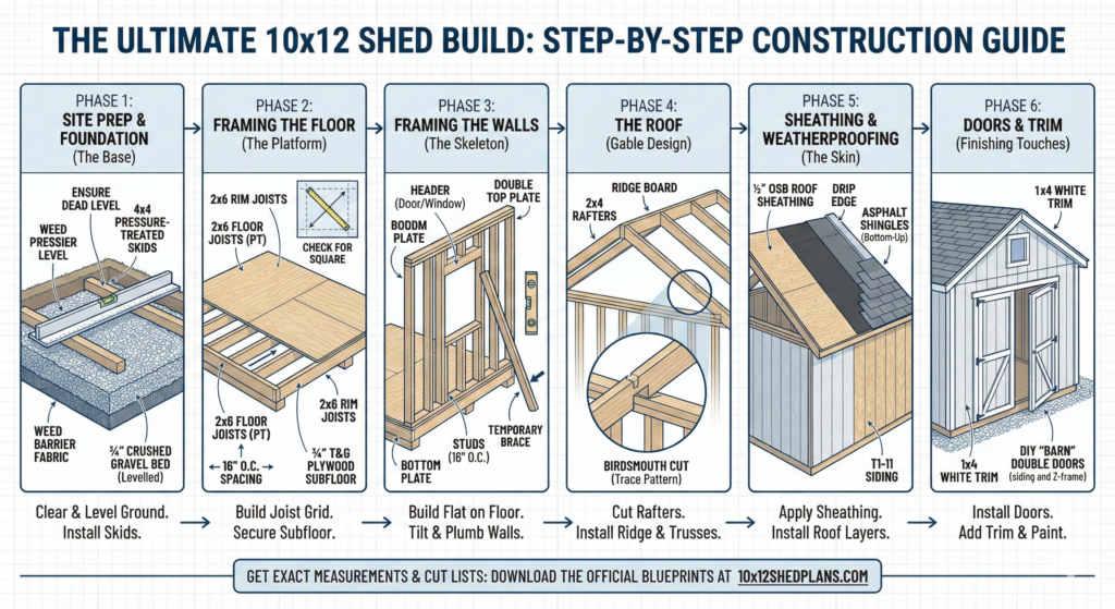 Complete 6-step infographic showing how to build a 10x12 shed: 1. Foundation and Site Prep, 2. Floor Framing, 3. Wall Framing, 4. Gable Roof Construction, 5. Sheathing, and 6. Installing Doors. DIY guide.
