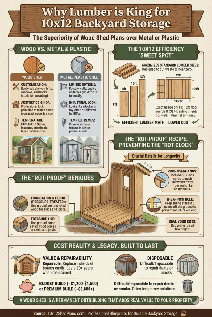 Pinterest-style infographic titled "Why Lumber is King for 10x12 Backyard Storage." Visual comparison showing the benefits of wood sheds over metal or plastic, including easier customization, better aesthetics, and temperature control. Features a "10x12 Efficiency Sweet Spot" diagram explaining how standard lumber sizes minimize waste, and a "Rot-Proof Recipe" guide illustrating pressure-treated foundations, roof overhangs, and proper ground clearance.