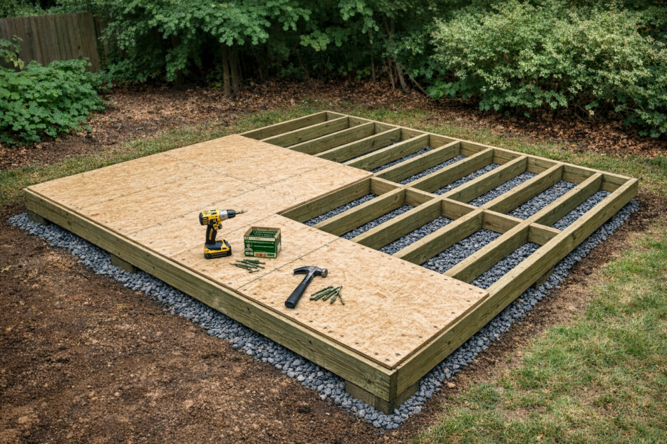 Pressure-treated 2x6 shed floor frame with 16-inch on-center joists and 3/4-inch tongue-and-groove plywood subfloor installed over skids and gravel base.