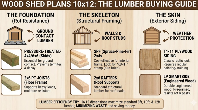 Step-by-step infographic for building from 10x12 wood shed plans: 1. Pressure-treated foundation, 2. Floor framing, 3. Wood wall framing, 4. Gable roof assembly, 5. Siding installation. DIY guide.