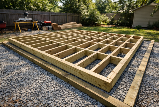 wide-angle photo of a DIY shed base with a leveled gravel pad, pressure-treated 4x4 skids, and a 10x12 floor frame built from 2x6 lumber with joists spaced 16 inches apart.