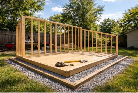 Photograph of lean-to shed wall framing with fresh pine 2x4 studs showing a tall 9-foot front wall sloping down to a 7-foot back wall on a wooden floor platform with tools.