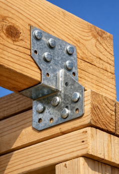 Close-up of a 2x6 shed roof rafter secured to a double top plate using a galvanized hurricane tie and nails under a blue sky.