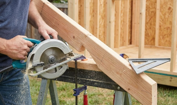 Wooden frame of a 10x12 shed under construction in a backyard, showing 2x4 wall studs, top plates, and window header framing.