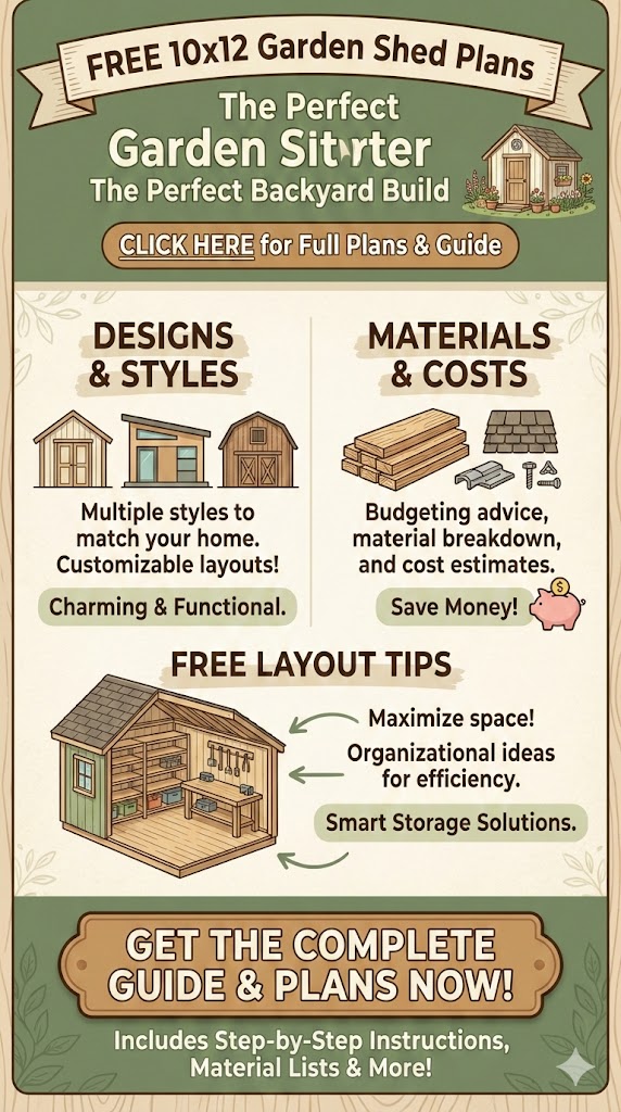 Pinterest-style infographic for DIY 10x12 garden shed plans, featuring shed designs, material cost breakdowns, and interior layout tips for backyard storage.