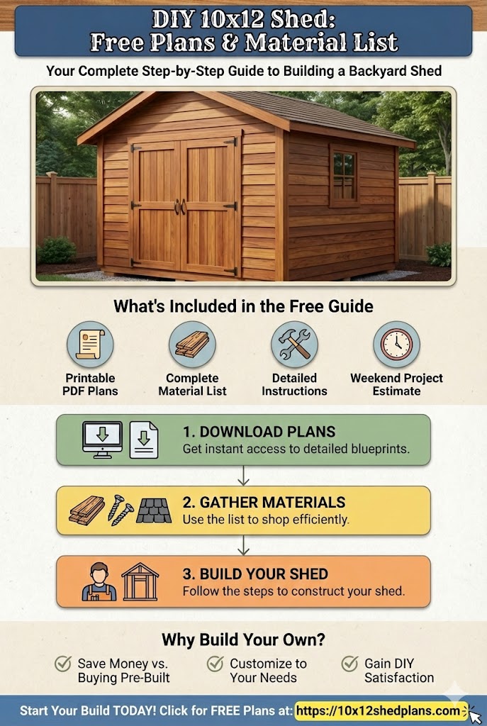 Infographic featuring a finished 10x12 wooden shed alongside technical blueprints. Text overlays highlight "Free 10x12 Shed Plans" and a "Material List" scroll, with the URL 10x12shedplans.com displayed clearly at the bottom.
