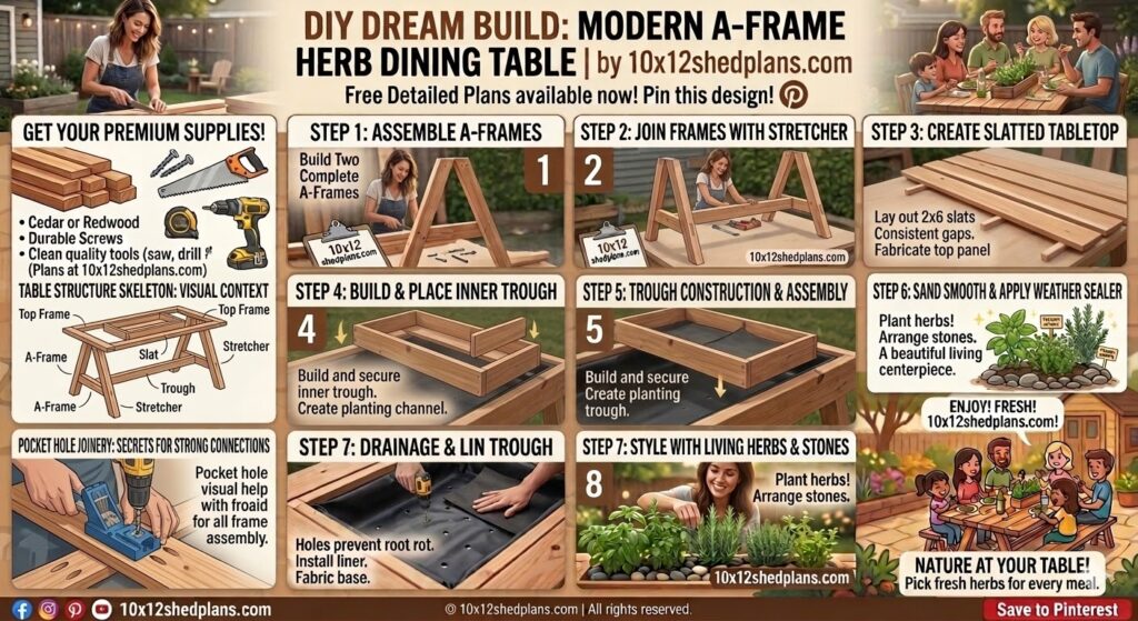 A step-by-step visual infographic showing how to build a modern A-frame herb dining table. It features eight steps including assembling the A-frames, creating the slatted tabletop, building the inner planter trough, waterproofing, and styling with fresh herbs.