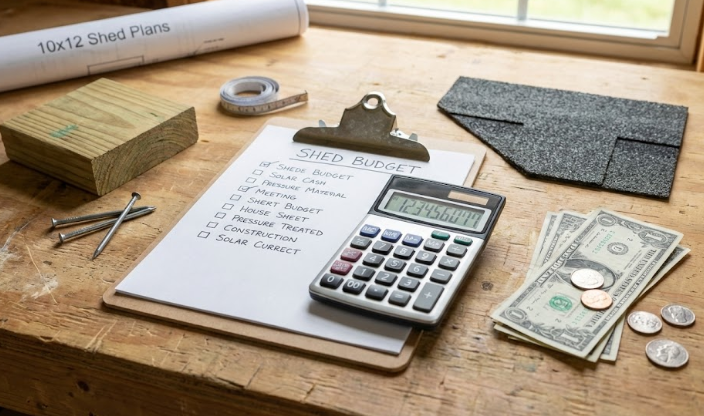 10x12 shed cost breakdown concept with calculator, budget checklist, and material samples.