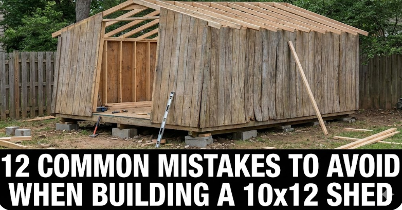 a poorly constructed 10x12 shed in a backyard, showing leaning, weathered wooden walls and a foundation of uneven concrete blocks.