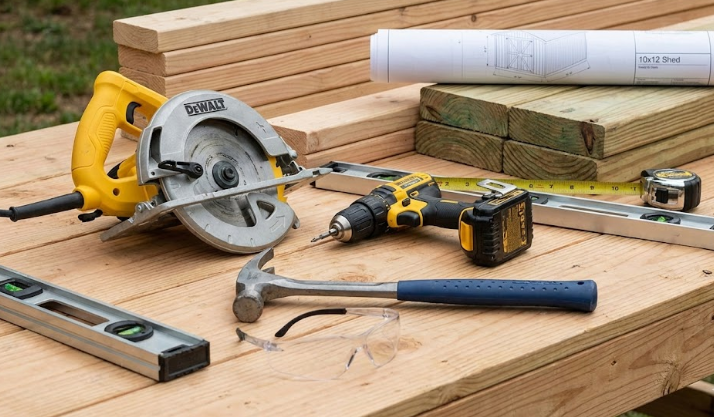 Essential tools and materials checklist for building a 10x12 shed, including power tools, lumber, and safety gear.