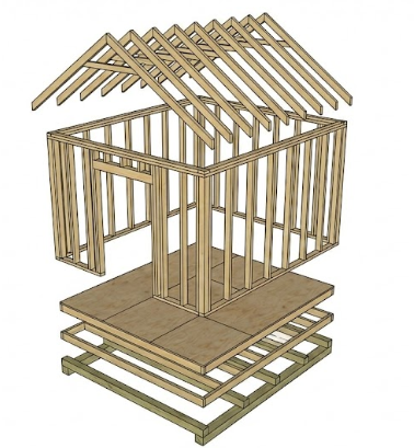 Exploded view diagram of a 10x12 shed showing foundation, floor framing, wall studs, and roof rafters.