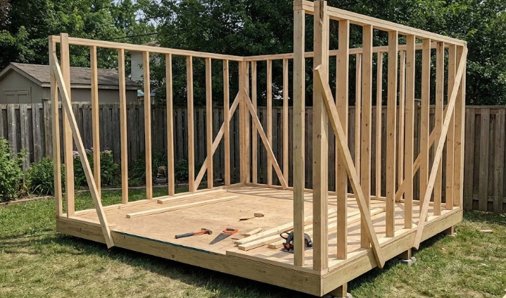 A 10x12 shed under construction with wooden wall frames standing on a plywood subfloor.