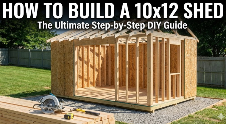 Illustration of a 10x12 shed construction project showing the framing structure and the finished gable roof design. Featured image for the DIY step-by-step building guide.