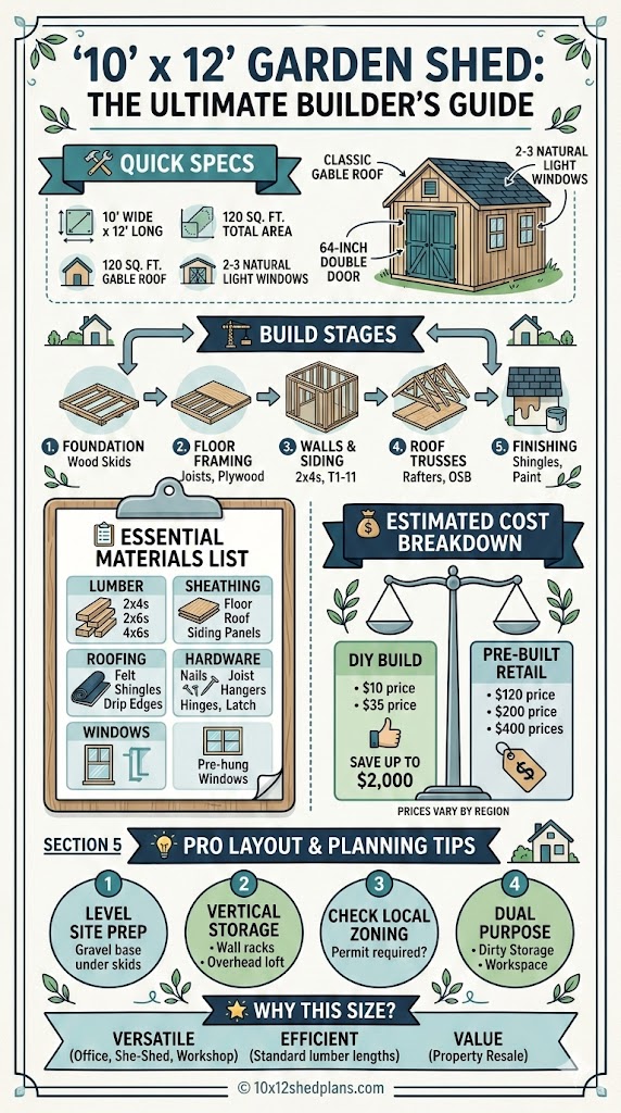 Infographic showing 10x12 garden shed plans, featuring a 5-step DIY build process from foundation to finishing, a comprehensive materials list, and a cost comparison between DIY building and retail buying.
