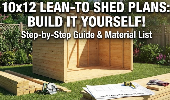 A partially constructed 10x12 lean-to wood shed frame in a backyard with lumber stacks, a circular saw, and blueprints in the foreground. Large white text overlaid on the image reads: "10x12 LEAN-TO SHED PLANS: BUILD IT YOURSELF! Step-by-Step Guide & Material List".