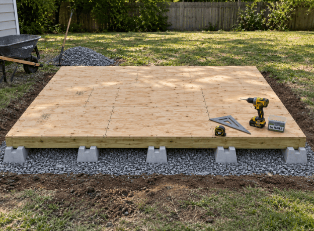 10×12 shed floor frame built with pressure-treated 2×4 joists on 4×4 skids and covered with 3/4-inch plywood sheathing