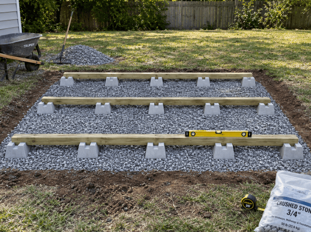 10×12 shed foundation on a compacted crushed gravel base with three pressure-treated 4×4 skids supported by concrete deck blocks and checked with a level.