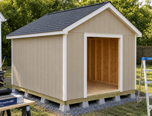Completed 10x12 shed showing final roofing and trim installation, featuring black asphalt shingles, white corner trim, and fascia boards over T1-11 siding.