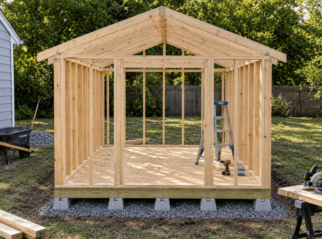 10×12 shed roof framed with 2×4 rafters, a 2×6 ridge board, and a 4/12 gable roof pitch