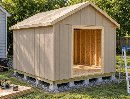 10×12 shed built from 10×12 shed plans with T1-11 exterior siding and 1/2-inch CDX plywood roof sheathing