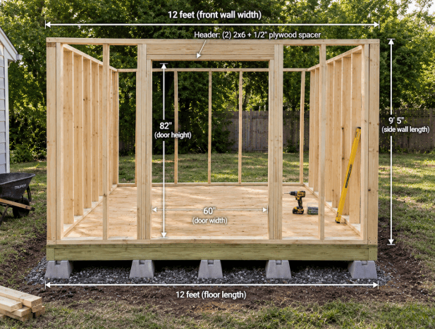 10×12 shed wall framing assembled with 2×4 studs at 16 inches on center and a framed 60×82-inch double-door opening