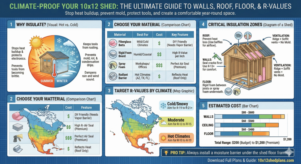 Infographic guide on how to insulate a 10x12 shed, comparing insulation materials, R-values by climate, and estimated costs for walls, roofs, and floors.