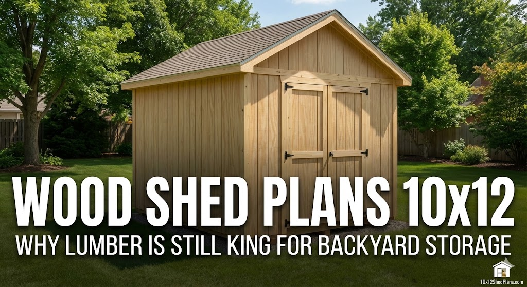 Featured image showing a sturdy 10x12 wooden garden shed with open double doors in a backyard setting. Text overlay reads: "Wood Shed Plans 10x12: Why Lumber is King."