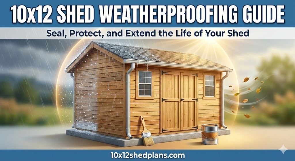 Featured image for a "10x12 SHED WEATHERPROOFING GUIDE" showing a wooden shed being protected from rain and wind by a glowing shield, with a paint bucket and brush.