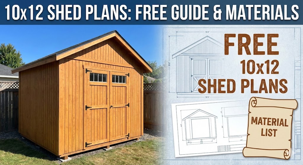 Featured image titled '10x12 SHED PLANS: FREE GUIDE & MATERIALS', showing a photograph of a completed wooden garden shed on the left, and architectural blueprints with the text 'FREE 10x12 SHED PLANS' and a scroll icon labeled 'MATERIAL LIST' on the right.