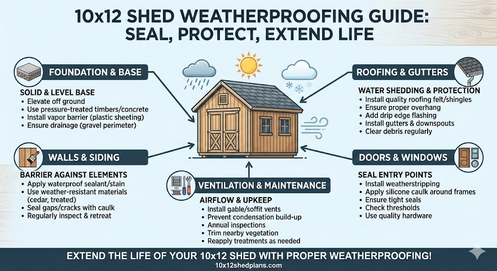 Infographic titled "10x12 SHED WEATHERPROOFING GUIDE" detailing steps for foundation, roofing, walls, doors, and maintenance to seal, protect, and extend the life of a shed.
