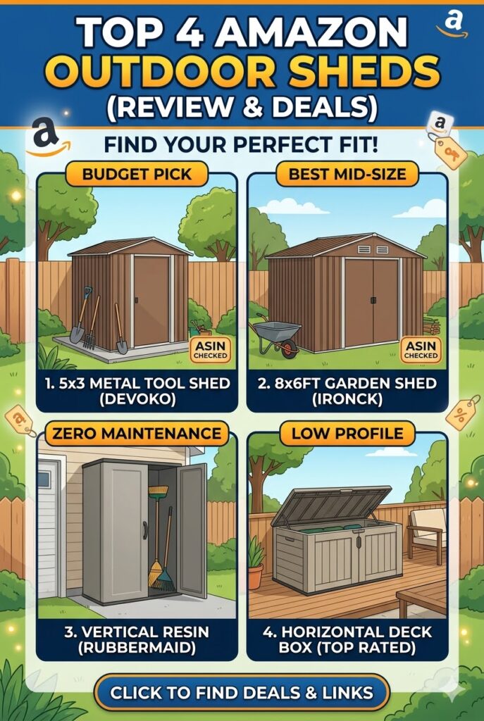 Infographic illustrating the top 4 Amazon outdoor storage sheds, featuring a Devoko 5x3 metal shed, an IRONCK 8x6 garden shed, a Rubbermaid vertical resin shed, and a low-profile horizontal deck box.