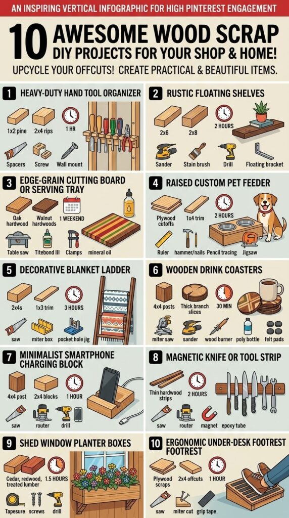 Infographic illustrating 10 DIY wood scrap projects, including floating shelves, cutting boards, and tool organizers, detailing estimated times and materials for each build.