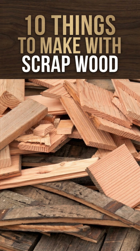A pile of leftover lumber and boards with the text "10 Things To Make With Scrap Wood"