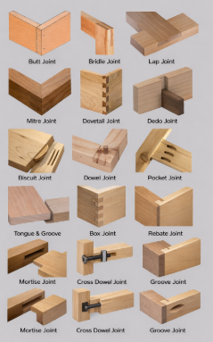 A visual diagram showing 15 common woodworking joints, including butt, dovetail, mortise, pocket, lap, and dado joints, used in carpentry and shed building.