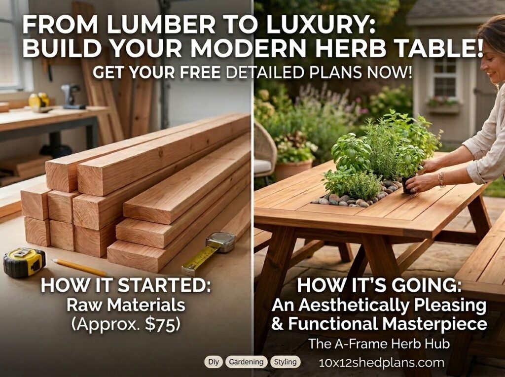 Split screen showing a stack of raw lumber on the left and a woman arranging plants in a finished wooden A-frame patio table with a built-in herb garden on the right.