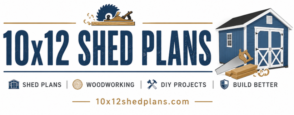 10x12 Shed Plans logo featuring shed building, woodworking, DIY project icons, woodworking tools, and backyard construction branding.