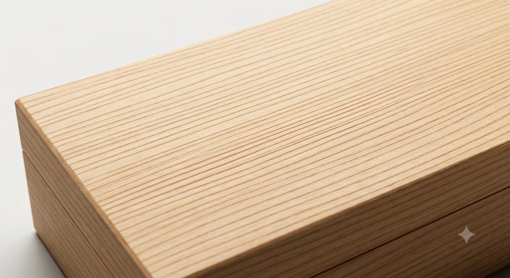 A detailed close-up of a woodworker's calloused hands using a small cabinet scraper to smooth a large panel of richly figured, book-matched curly maple wood. The fine, shimmering wavy grain patterns are prominent.