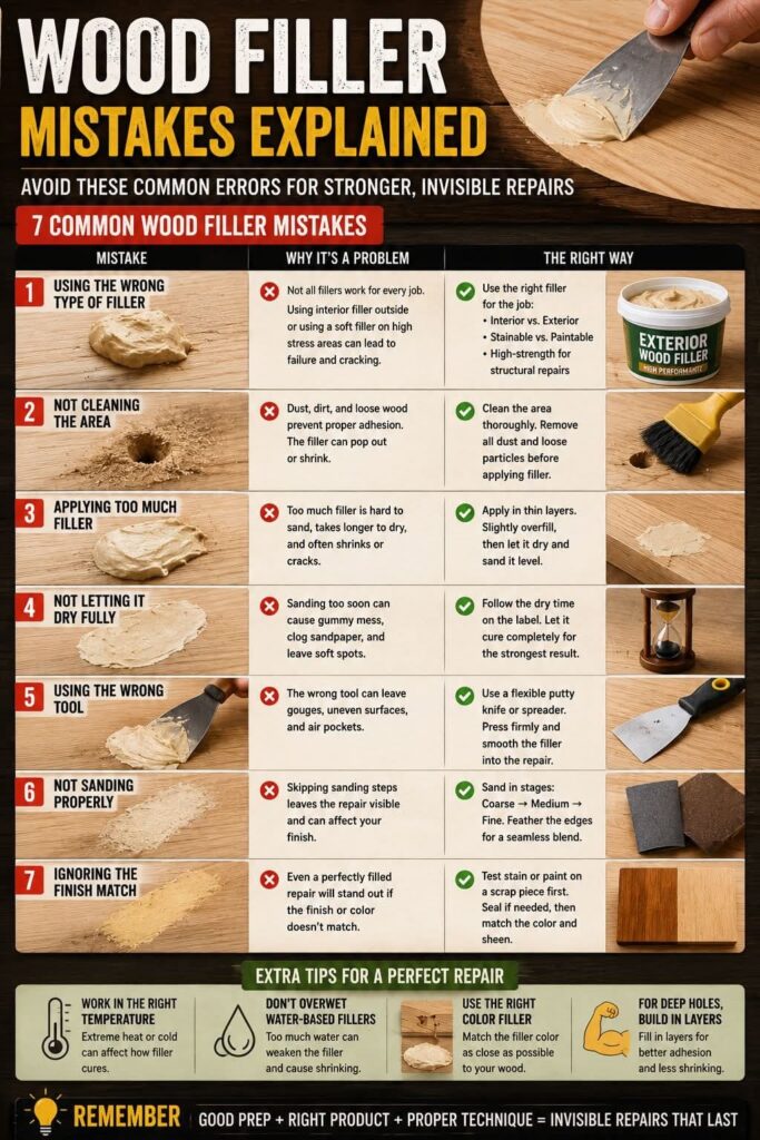 Infographic illustrating 7 common wood filler mistakes and their fixes, including using the wrong filler, not cleaning the hole, applying thick layers, and overfilling.