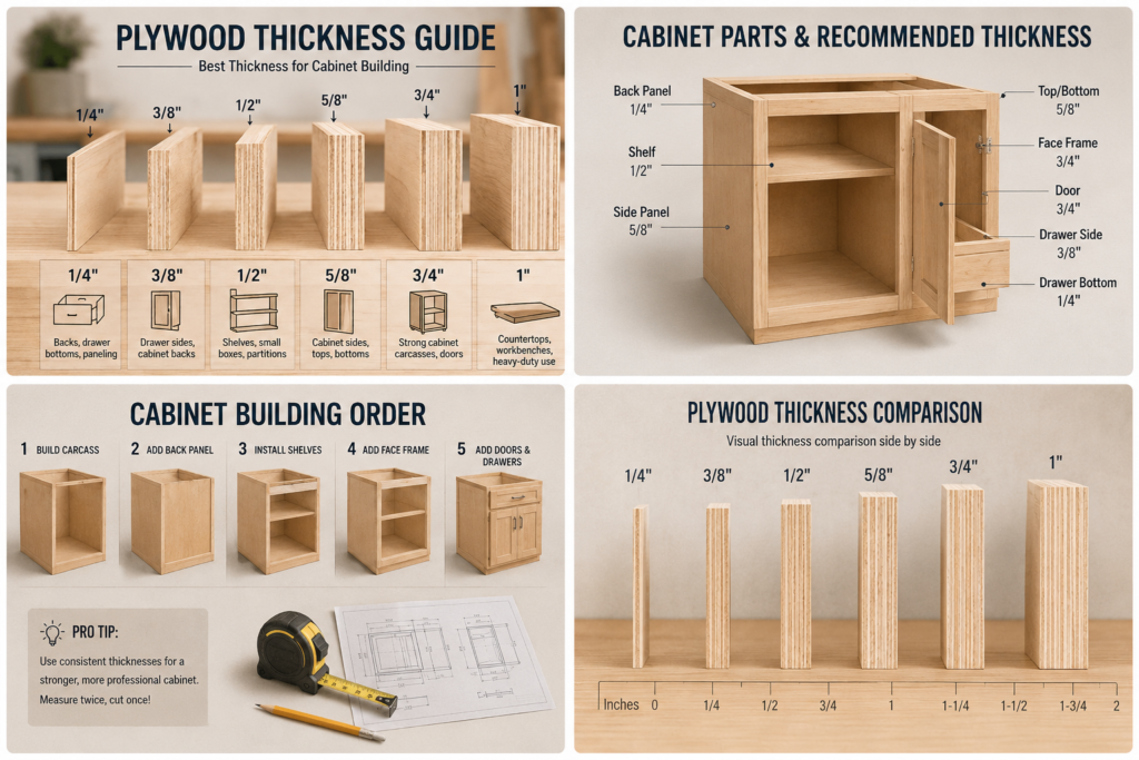 A comprehensive plywood thickness guide for building custom cabinets, featuring a thickness comparison chart, recommended sizes for cabinet parts like 1/2-inch shelves and 1/4-inch backs, and a 5-step cabinet building order.