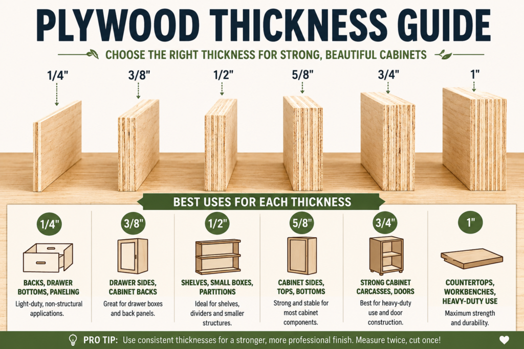 Plywood thickness guide for custom cabinets showing 1/4", 3/8", 1/2", 5/8", 3/4", and 1" plywood sizes and their best woodworking uses like drawer bottoms, shelving, and heavy-duty carcasses.