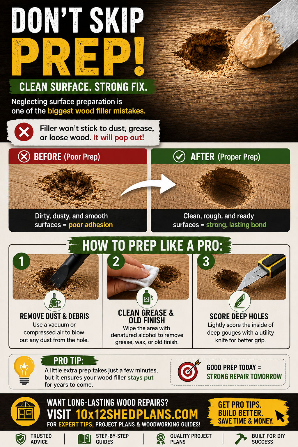 A Pinterest-style infographic explaining how to prepare wood before applying wood filler. It shows cleaning dust, removing grease with denatured alcohol, and scoring deep holes to improve adhesion and create longer-lasting wood repairs.