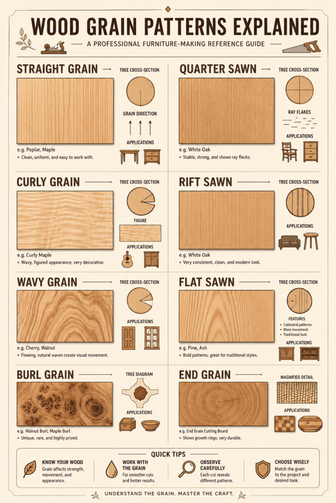 A detailed photograph of a large, ornate, physical wall chart reference board for wood grain, titled 'THE MASTER WOODWORKER'S REFERENCE: GRAIN, CUT & WORKABILITY MASTERCLASS.' It is constructed of finished wood and polished brass, featuring inlaid panels, detailed diagrams, macro-photographs, and descriptive text for various wood grain cuts and types, alongside curated examples of inlaid wood and antique woodworking tools.