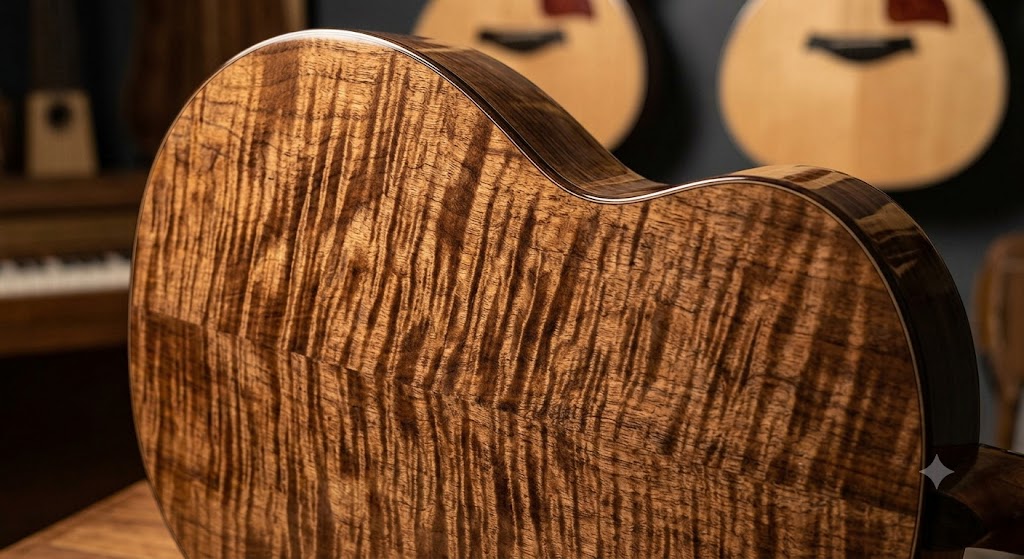A close-up photograph showcasing the back of an acoustic guitar made from premium, book-matched curly wood. The highly figured grain exhibits intense, shimmering tiger-stripe patterns under a high-gloss finish, with other guitars softly blurred in the background.